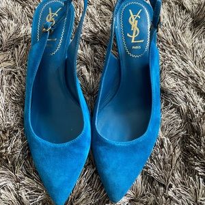 YSL teal suede slingback kitten heel
